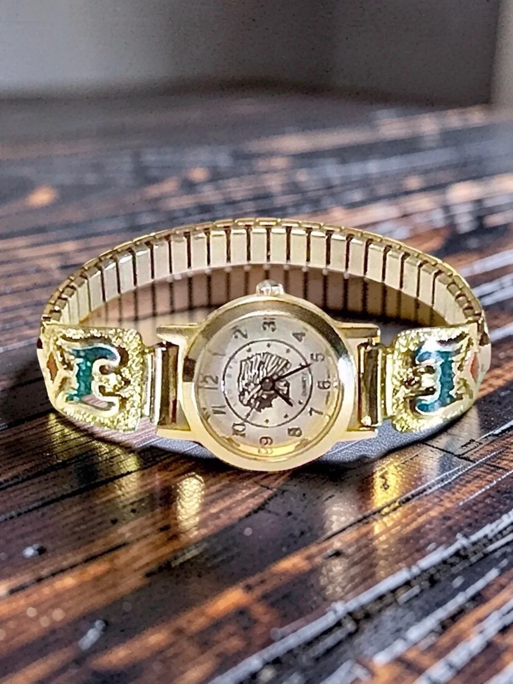 Golden VTG Navajo Turquoise/Coral Thunderbird Tips Golden Indian Chief Watch